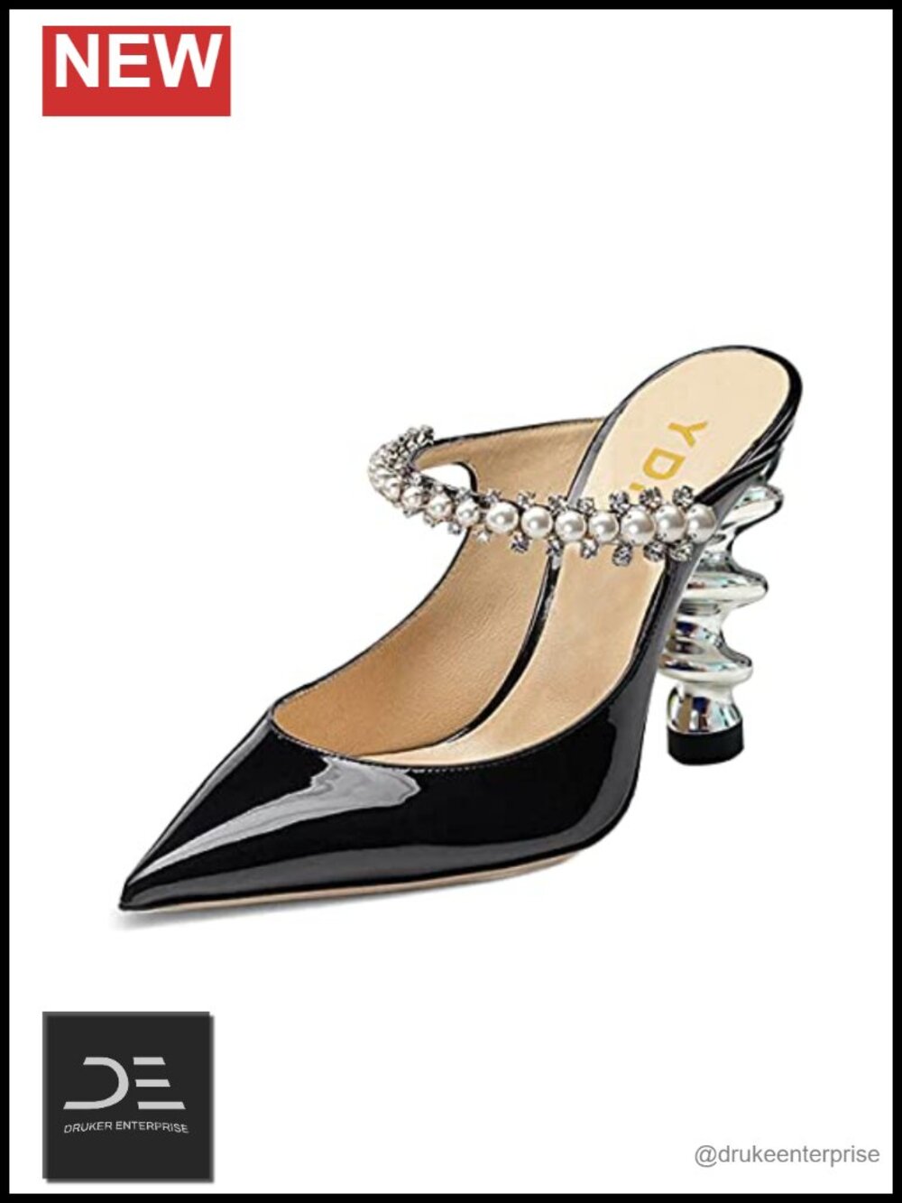 Women Metallic Spiral Heel Slip On Sandals Rhinestone Strap Pointed Toe Mules